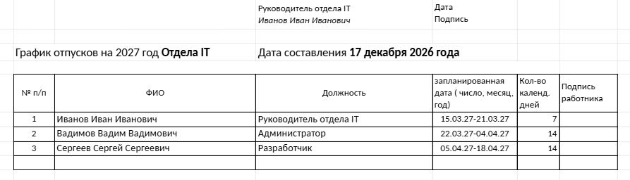 график отпусков образец
