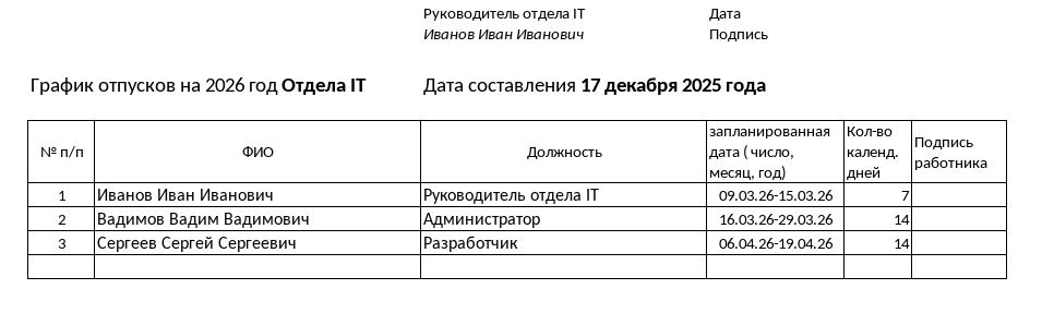 график отпусков собственная форма образец