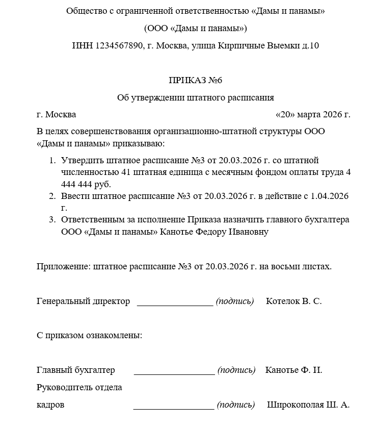 утверждение штатного расписания