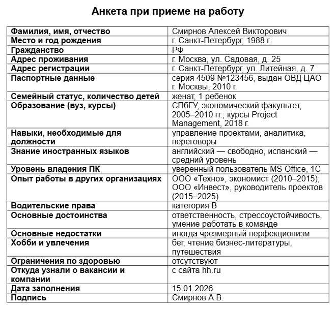 анкета на работу образец заполнения